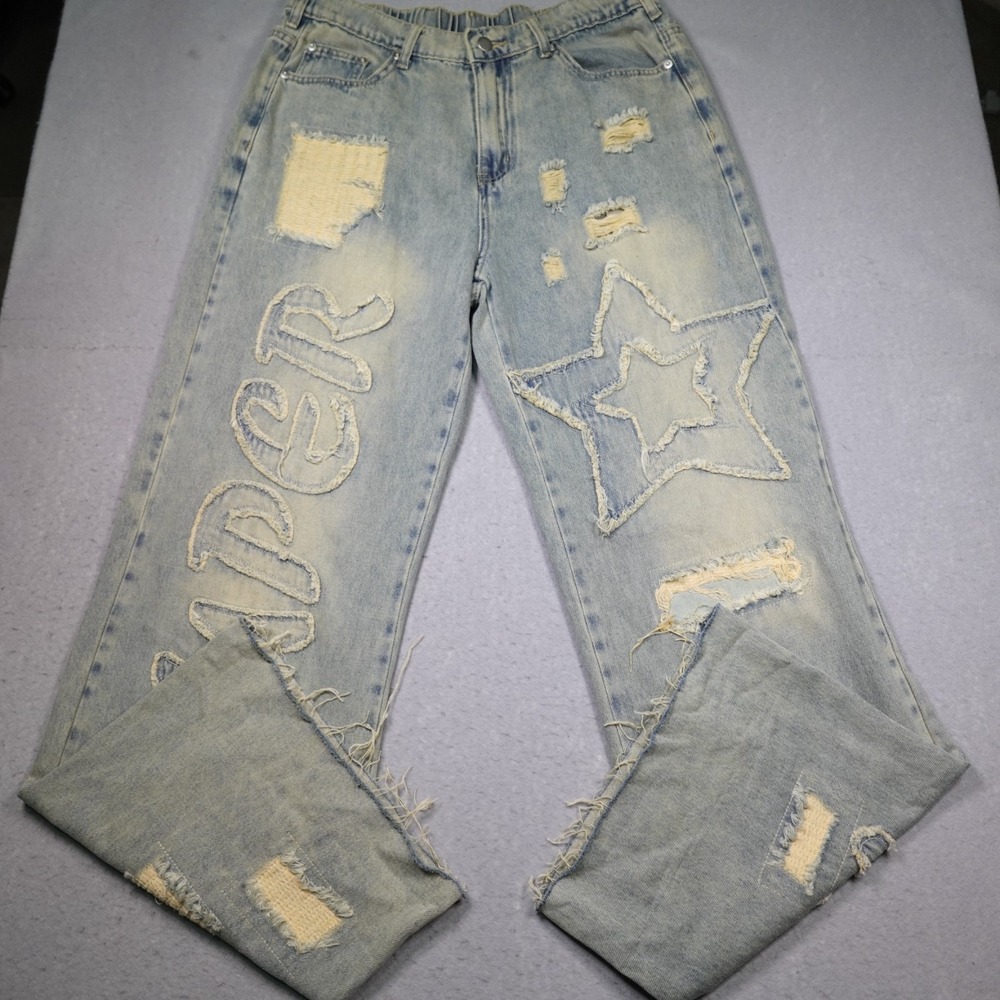 Oli & Hali Baggy Jeans Women XL Blue Washed Patch Boho Wide Leg Super Star